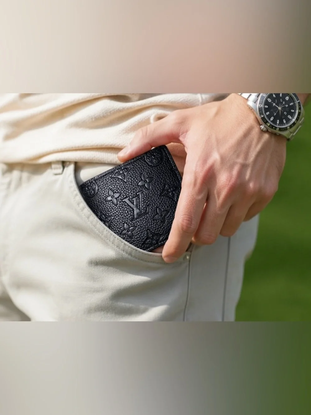 Black Embossed LV Monogram Bifold Wallet with ID Window